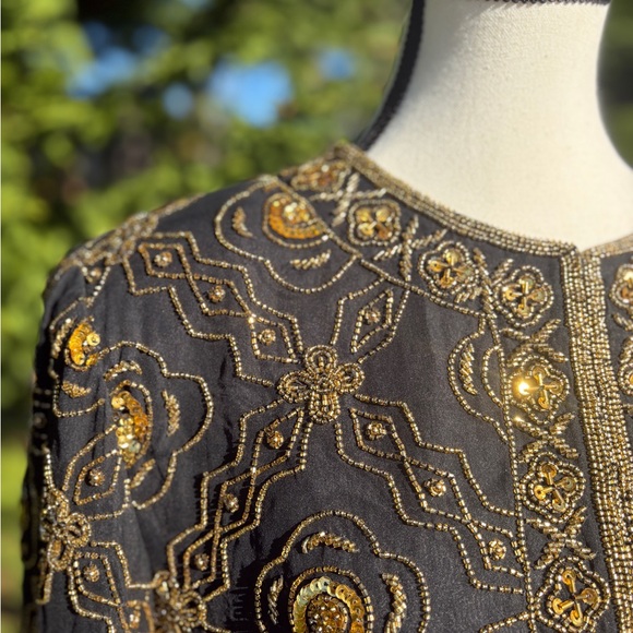 Vintage Nighy Vogue 100% Silk Hand-Beaded Jacket NWT Black & Gold Jacket Sz M - Picture 4 of 8